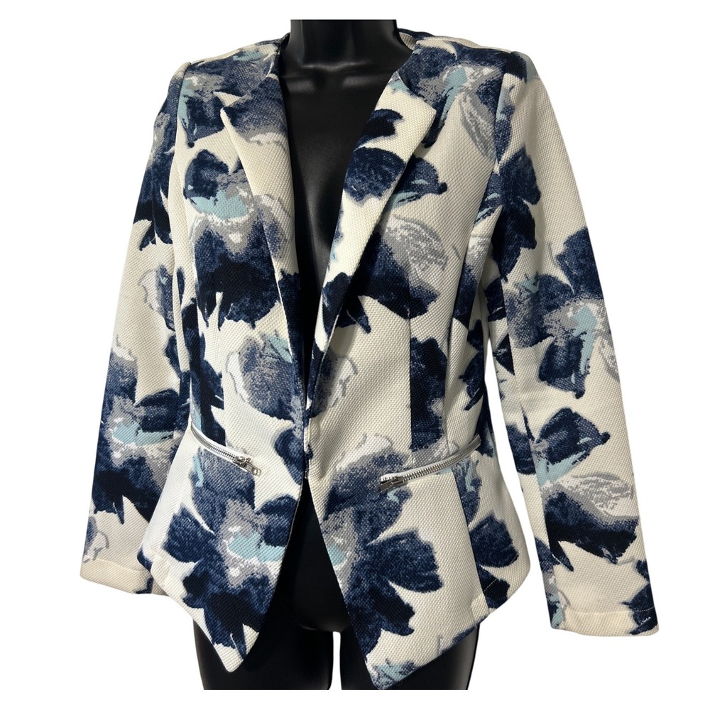 Jieru Womens Blue White Floral Open Front Blazer Jacket Textured Size M Medium